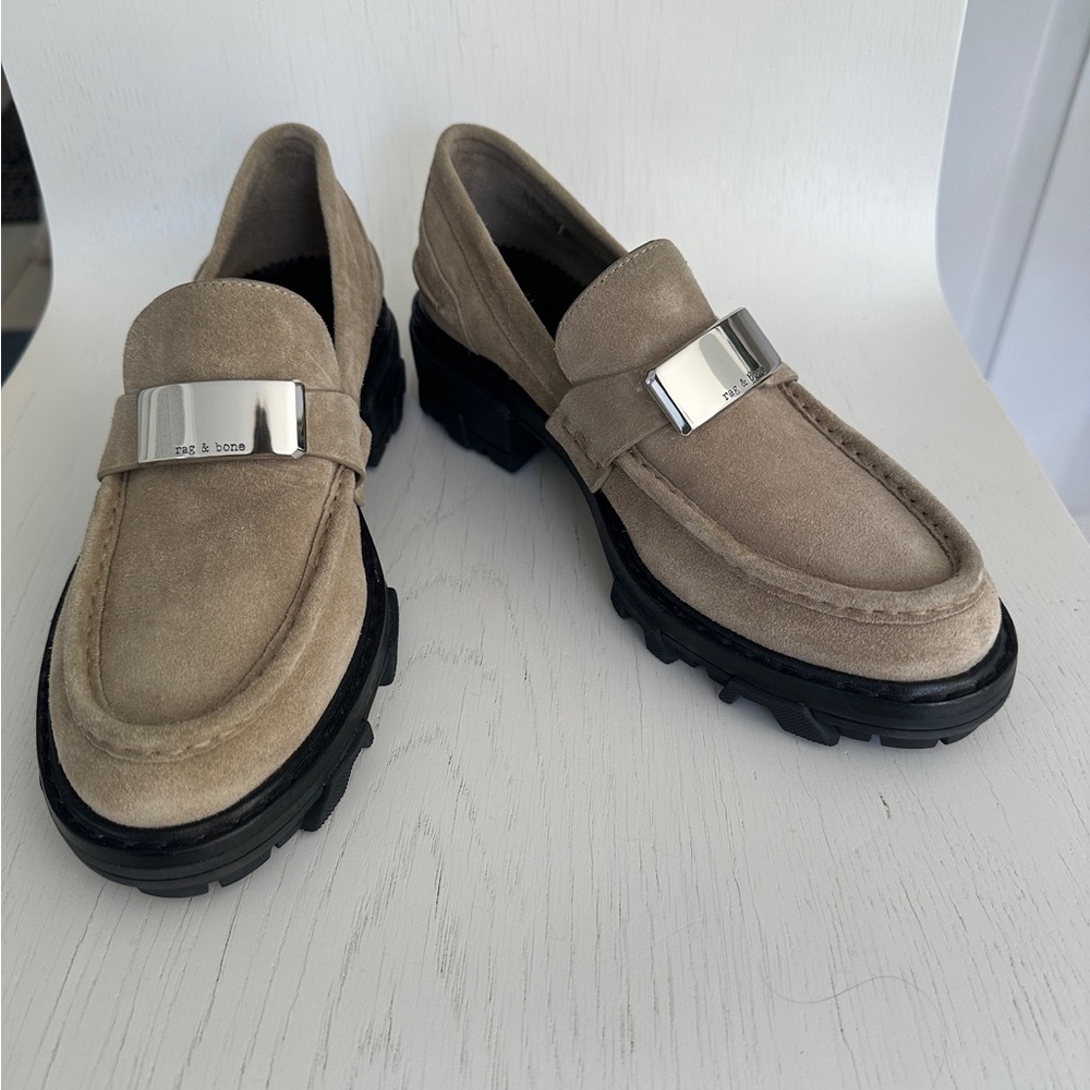 rag & bone Tan Suede Loafers with Silver Accent